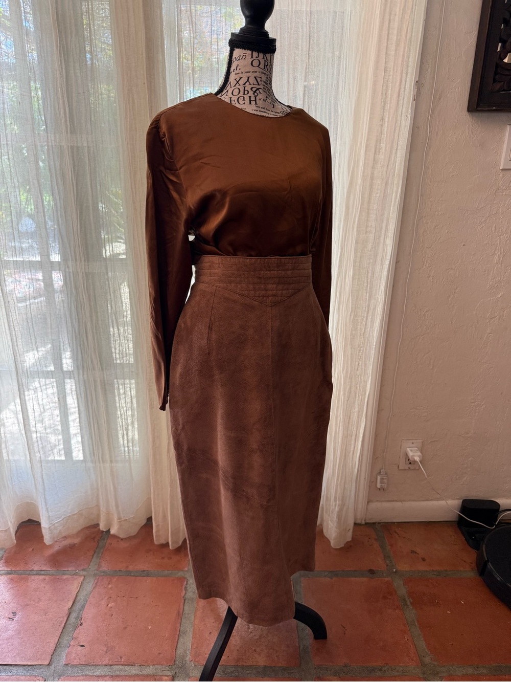 Lord & Taylor High-Waist Copper Brown Suede Pencil Skirt  with silk blouse